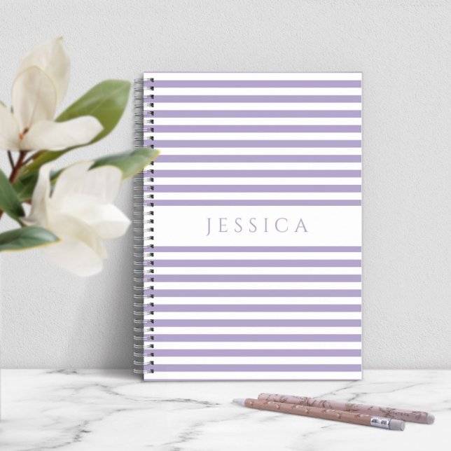 Cuaderno Bloc De Notas Con Nombre De Patrón De Rayado Púrpu (Personalized Modern Purple Stripes Notebook)