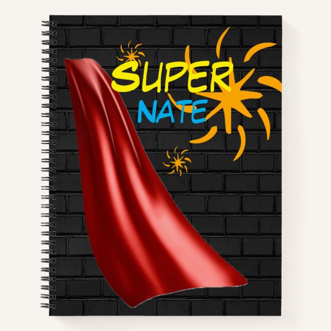 Cuaderno Bloc de notas con nombre personalizado de superhér (Anverso)