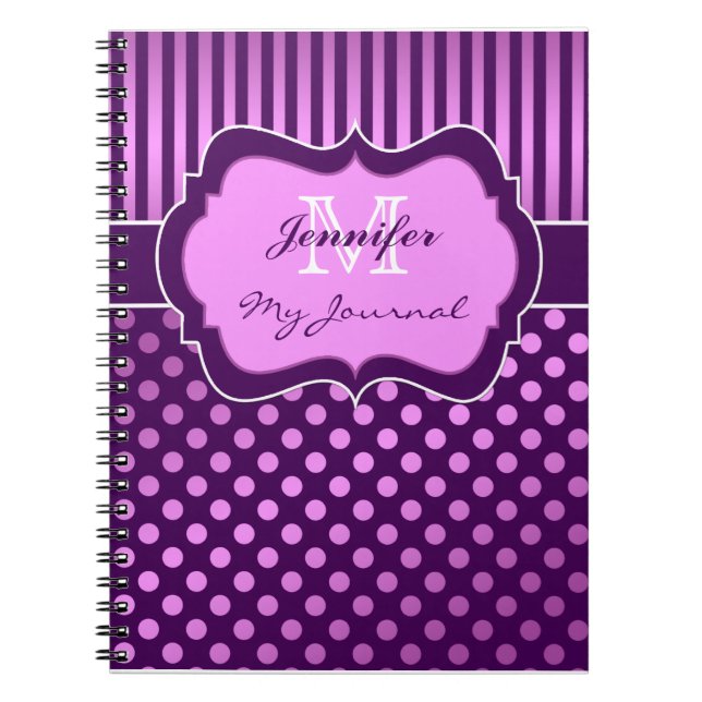 Cuaderno Bloc de notas con rayas de punto de polka morado (Frente)