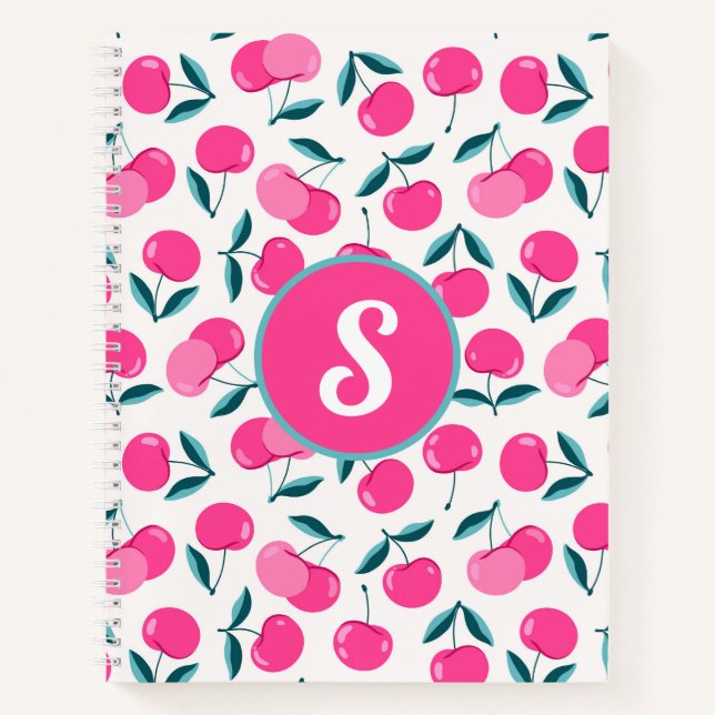 Cuaderno Bloc de notas de cerezas rosadas monogramadas (Anverso)