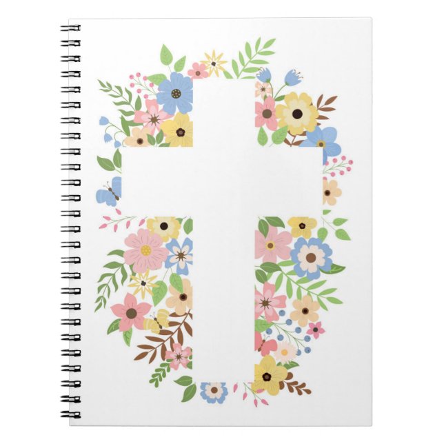 Cuaderno Bloc de notas de espiral blanca de cruz floral (Frente)