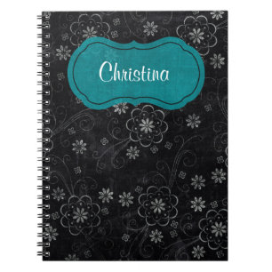 Cuaderno Bloc de notas de espiral floral negro