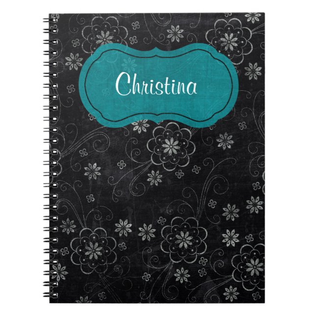 Cuaderno Bloc de notas de espiral floral negro (Frente)