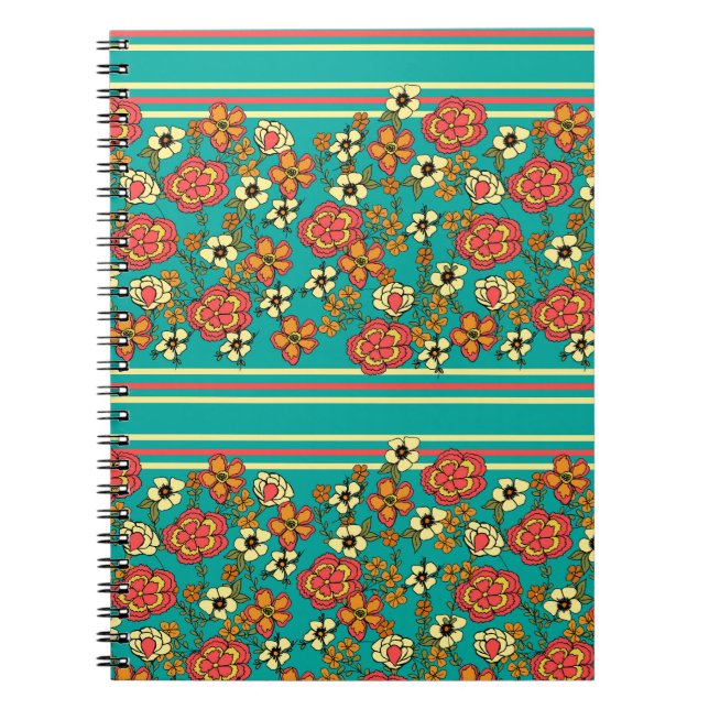 Cuaderno Bloc de notas de espiral floral turquesa (Frente)