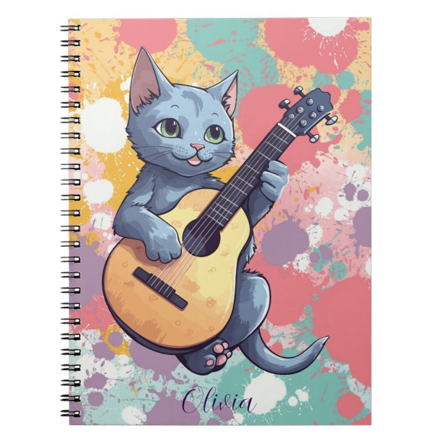 Cuaderno Bloc de notas de gato azul ruso musical con guitar (Frente)