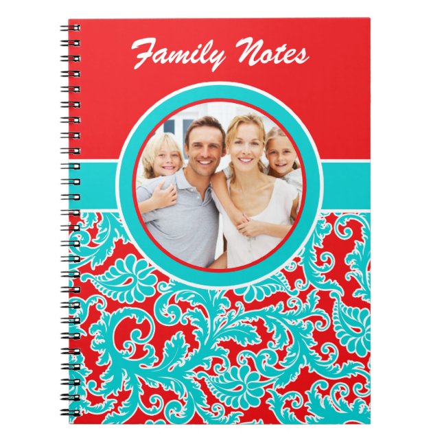 Cuaderno Bloc de notas de la familia Blue Red White Damask (Frente)