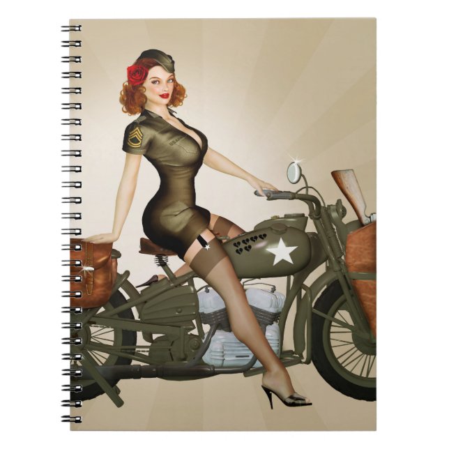 Cuaderno Bloc de notas de Pinup para motocicleta del ejérci (Frente)