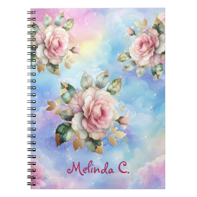 Cuaderno Bloc de notas de rosas rosadas y nubes arco iris (Frente)
