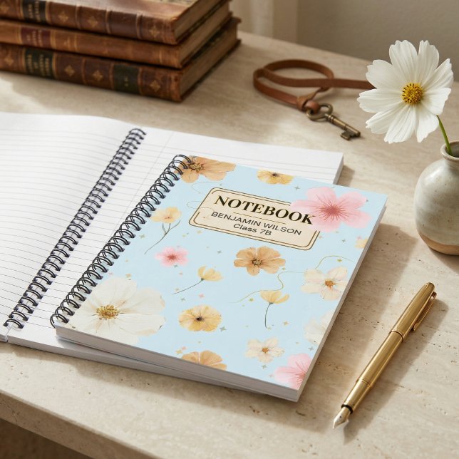Cuaderno Bloc de notas en espiral azul y beige floral de co (Blue Beige Watercolor Floral Botanical Spiral Notebook for Journaling
)