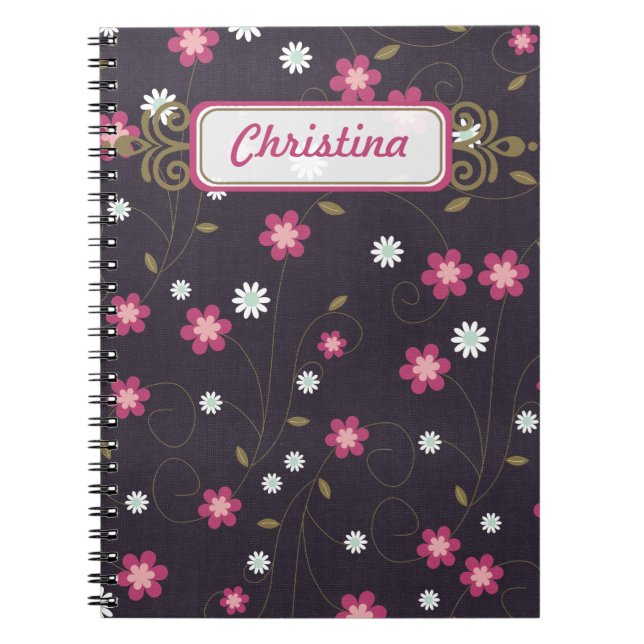 Cuaderno Bloc de notas en espiral de flores rosadas (Frente)