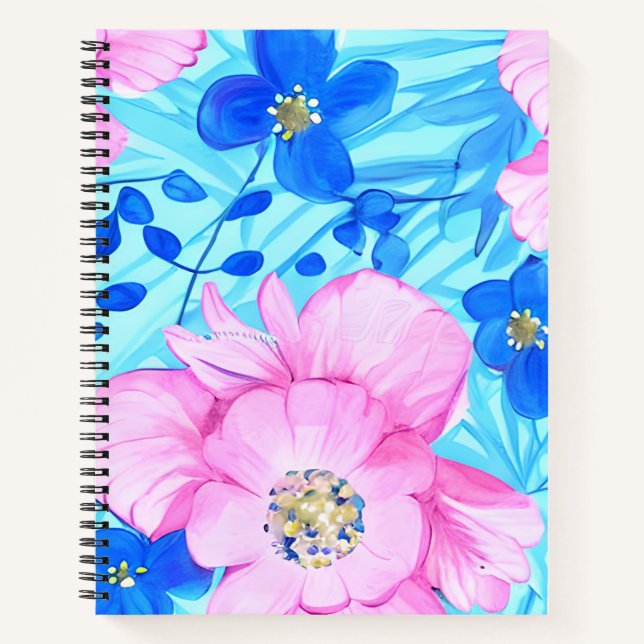 Cuaderno Bloc de notas en espiral de flores rosas y azules (Anverso)