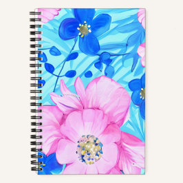 Cuaderno Bloc de notas en espiral de flores rosas y azules