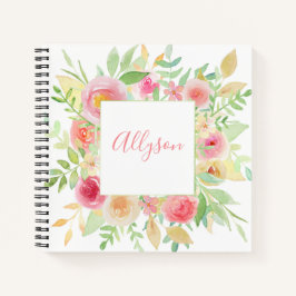 Cuaderno Bloc de notas en espiral de marco floral Pastel
