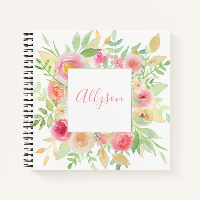 Cuaderno Bloc de notas en espiral de marco floral Pastel (Anverso)