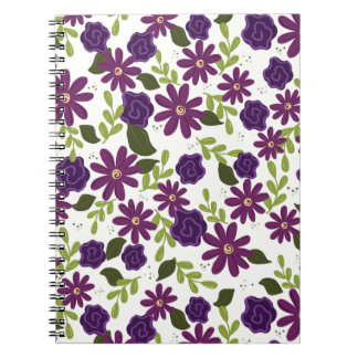 Cuaderno Bloc de notas en espiral floral con flores moradas