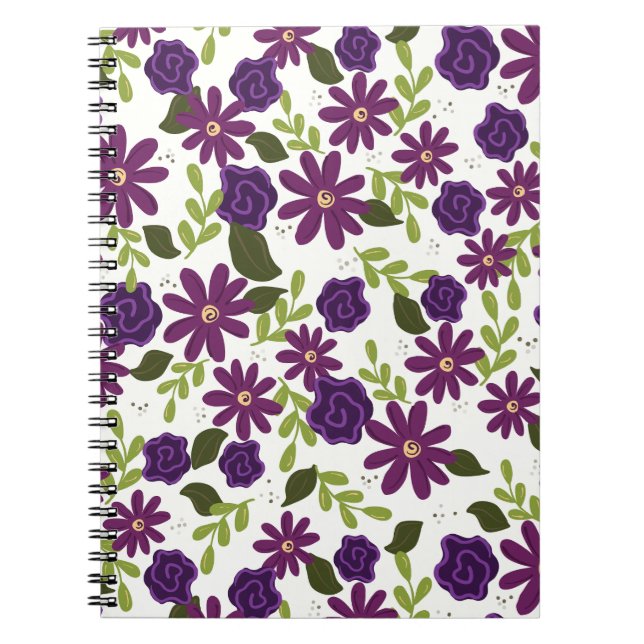 Cuaderno Bloc de notas en espiral floral con flores moradas (Frente)