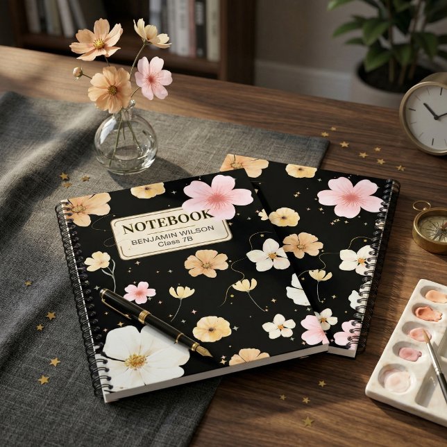 Cuaderno Bloc de notas en espiral floral negro y beige (Black & Beige Watercolor Floral Spiral Notebook for Students & Creatives
)