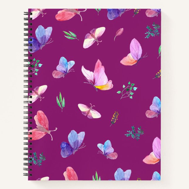 Cuaderno Bloc de notas en espiral púrpura con mariposas (Anverso)