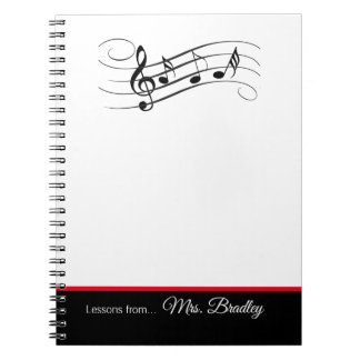 Cuaderno Bloc de notas, equipo de música y noepad, profesor