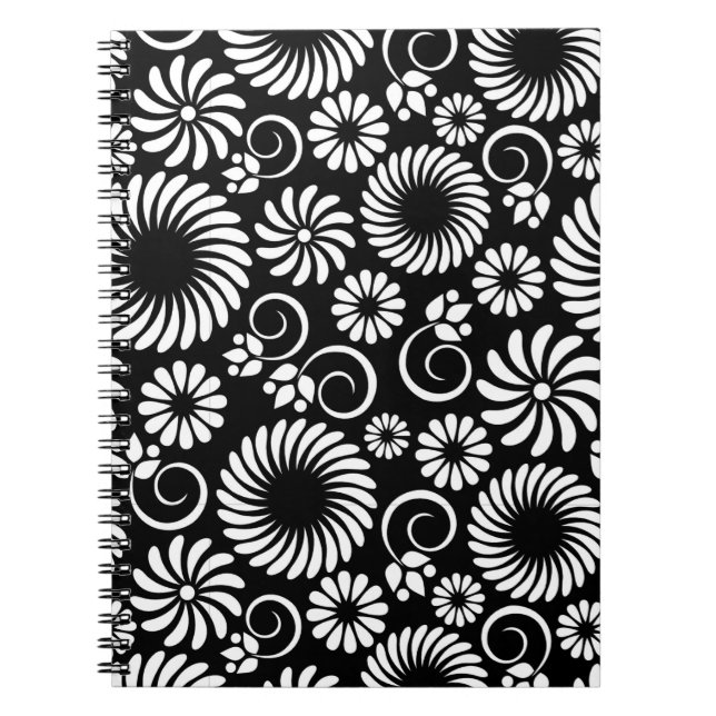 Cuaderno bloc de notas floral en blanco y negro (Frente)