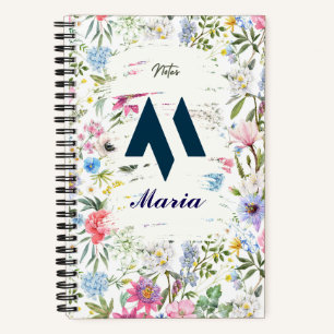 Cuaderno Bloc de notas floral personalizado con M inicial