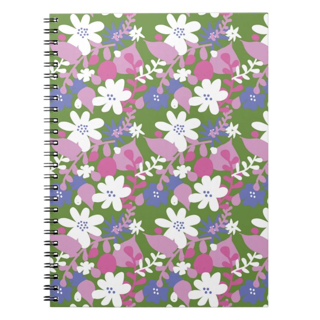 Cuaderno Bloc de notas floral rosa y espiral blanca brillan (Frente)