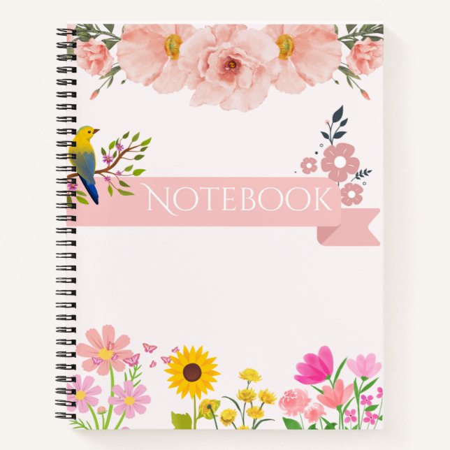 Cuaderno Bloc de notas florales con pájaro y girasol (Anverso)
