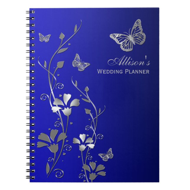 Cuaderno Bloc de notas florales de mariposa gris y azul per (Frente)