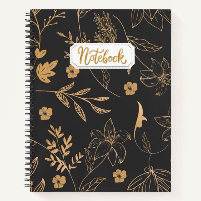 Cuaderno Bloc de notas florales de oro negro (Anverso)