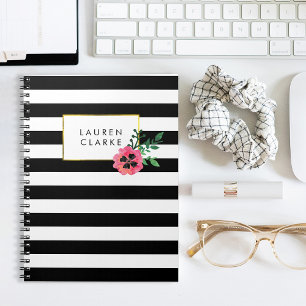 Cuaderno Bloc de notas florales en franja negra y rosa