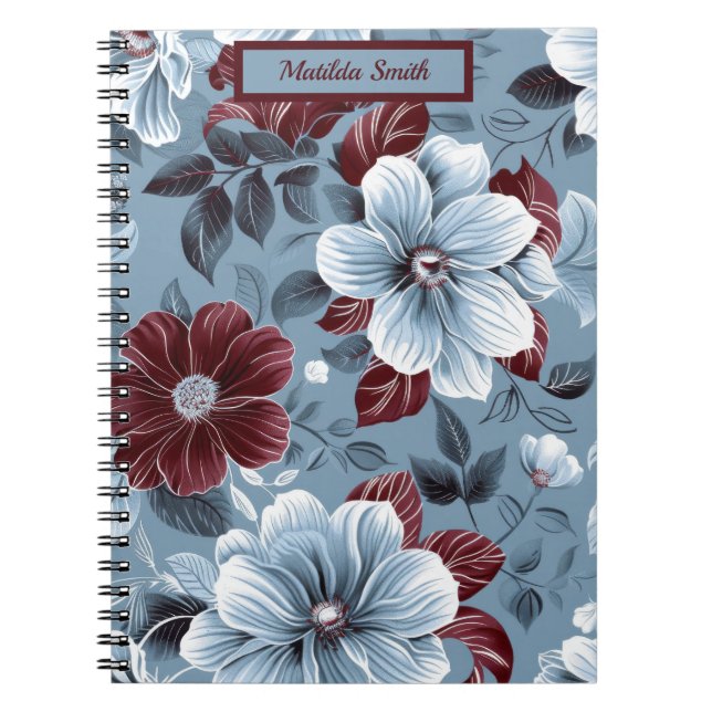 Cuaderno Bloc de notas florales estilizadas y azul turbulen (Frente)