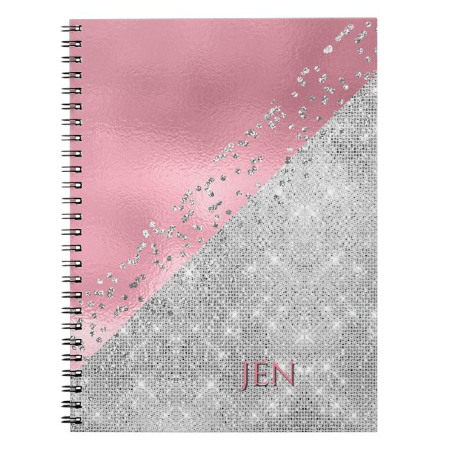 Cuaderno Bloc de notas Glam rosa y plateado (Frente)