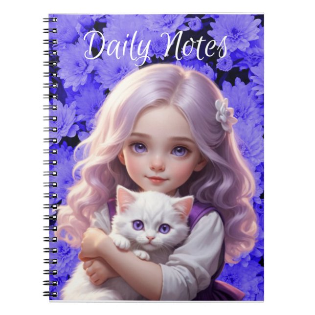 Cuaderno Bloc de notas Little Girl White Kitten Purple Flow (Frente)