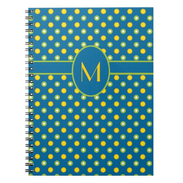 Cuaderno Bloc de notas monogramado de polkas verde y amaril (Frente)