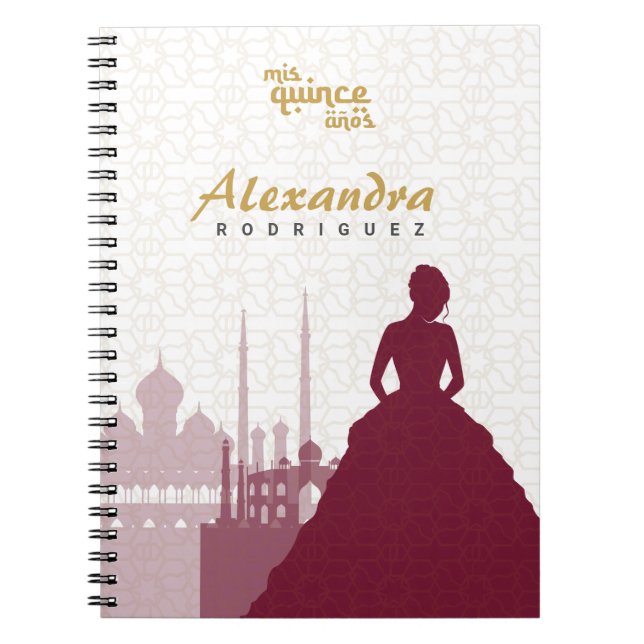 Cuaderno Bloc de notas Quinceañera de Borgoña y Oro Árabe (Frente)