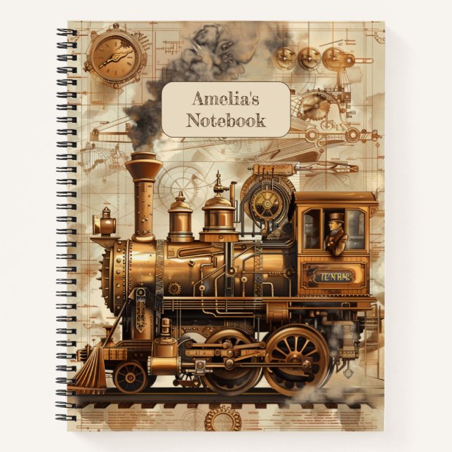 Cuaderno Bloc de notas retro de locomotora de vapor (Anverso)