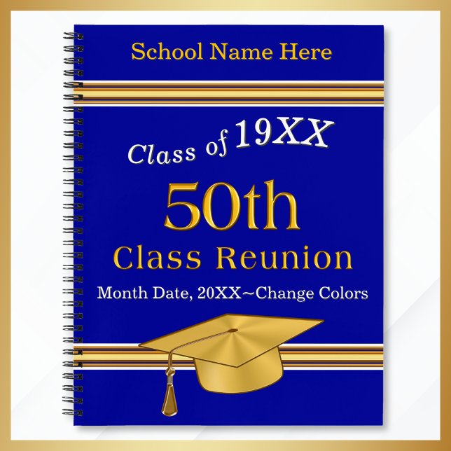 Cuaderno Blue and Gold, 50th Class Reunion Deluxe Notebook (50th class reunion party ideas. Blue Gold 50th high school reunion gifts. 50 year reunion notebook.)