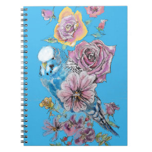Cuaderno Blue Budgie Budgerigar Rosa acuarela Arte floral