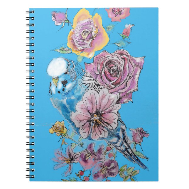 Cuaderno Blue Budgie Budgerigar Rosa acuarela Floral arte (Frente)