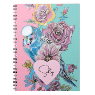 Cuaderno Blue Budgie Watercolor Chicas florales Pink Aqua