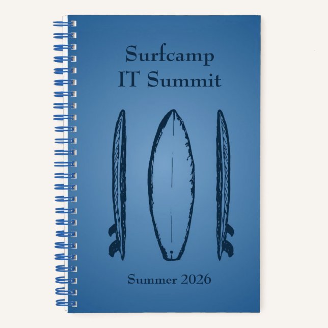 Cuaderno Blue Color Gradient Surf Camp, Surfboards and Text (Anverso)