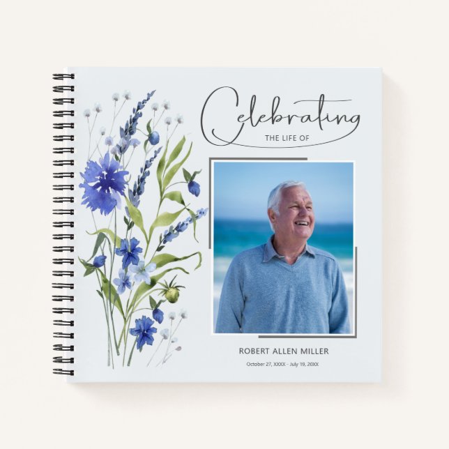 Cuaderno Blue Floral Celebration of Life Funeral Guest Book (Anverso)