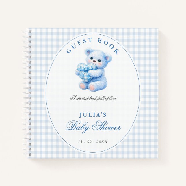 Cuaderno Blue Gingham Teddy Bear Neutral Baby Shower (Anverso)