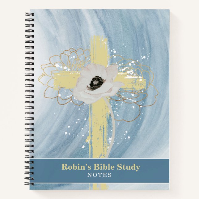 Cuaderno Blue Gold Floral Cross Personalized Bible Study (Anverso)