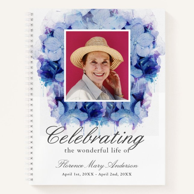 Cuaderno Blue Hydrangea Photo Memorial Funeral Guest Book (Anverso)
