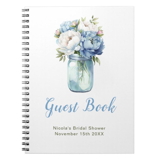 Cuaderno Blue Peonies Mason Jar Bridal Shower Guest Book (Frente)