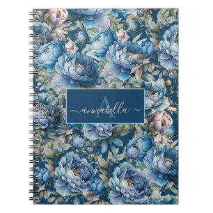 Cuaderno Blue peony floral Monograma nombre
