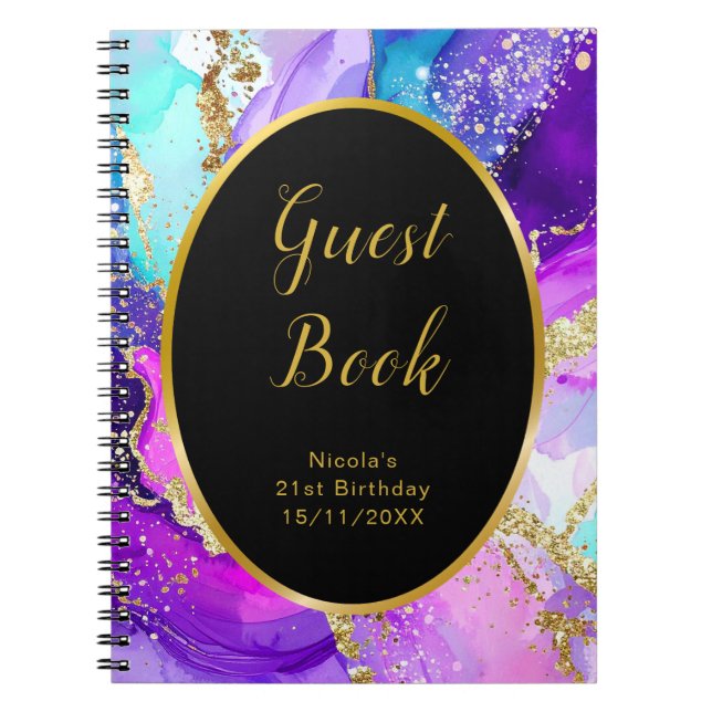 Cuaderno Blue, Purple and Gold Birthday Party Guest Book (Frente)