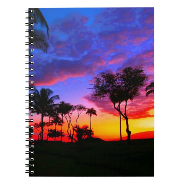 Cuaderno Blue Red Sunset Exotic Hawaiian Beach Palm Trees (Frente)