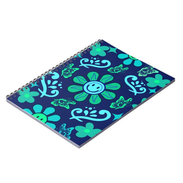 Cuaderno Blue Retro Style Floral and Sun Symbol Pattern (Lado Izquierdo)